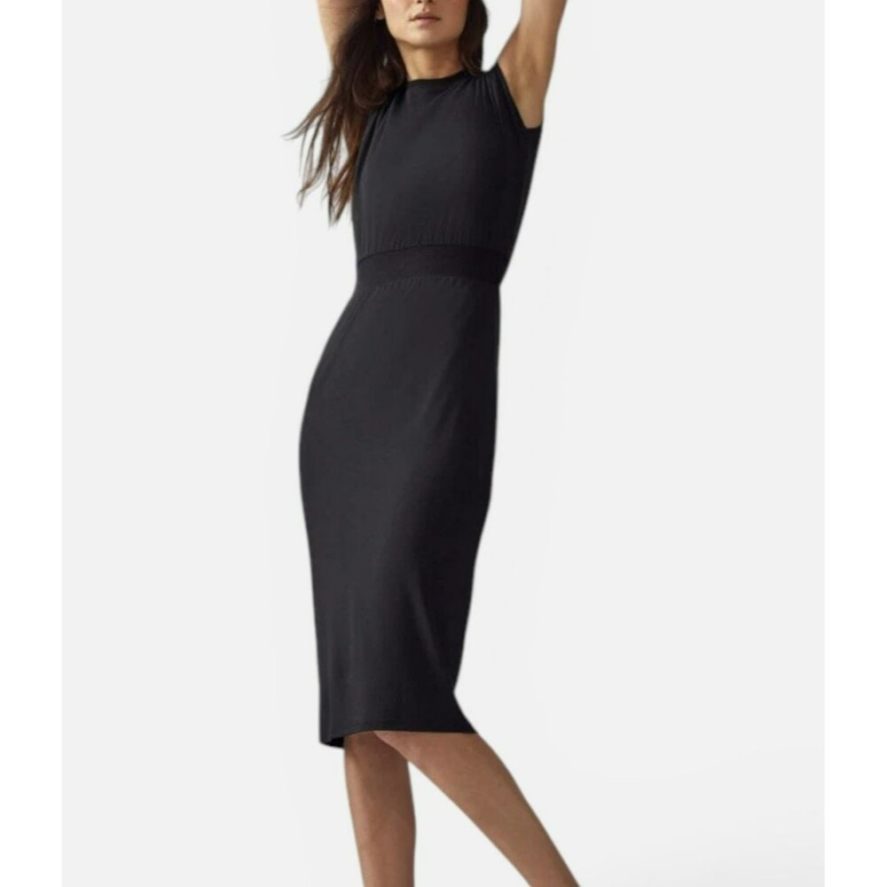 Athleta Santorini Cinch Dress Black Modal Travel Midi  S